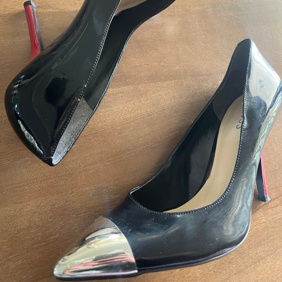 Guess Woman’s Black 3.5" Heels Pumps Red Stem Silver Pointed Toe Size 9M - Picture 4 of 7